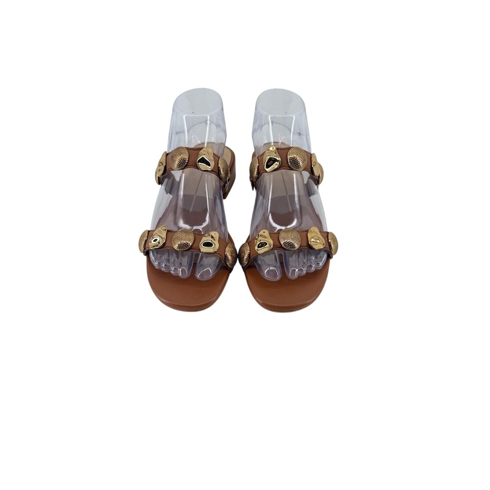 Dolce Vita Brown Leather Block Heel Sandals Gold Hardware Studded Slides Size 7